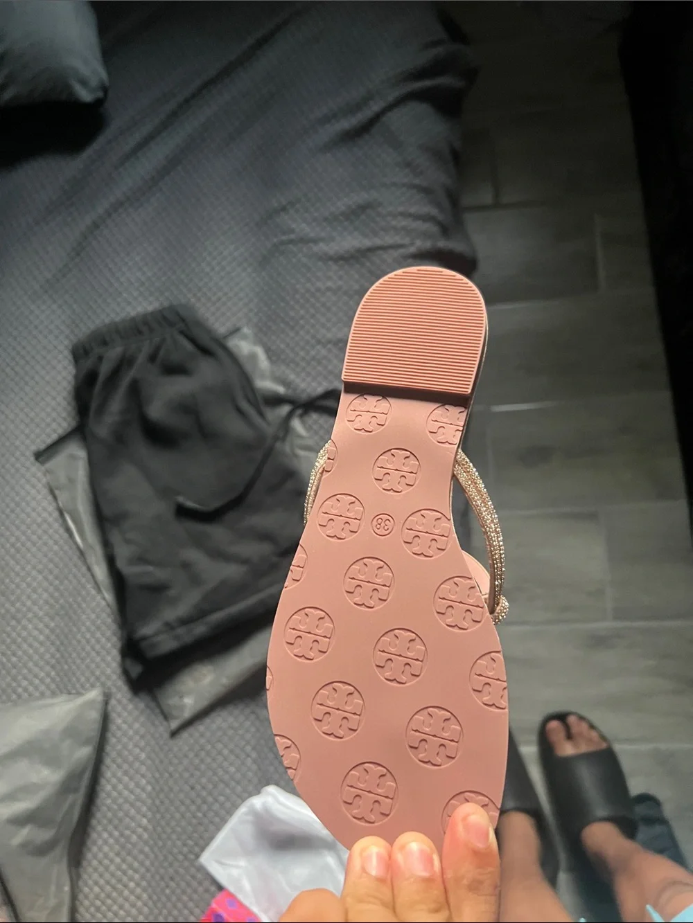 Tory Burch Metallic Rose Gold Cutout Logo Thong Sandal